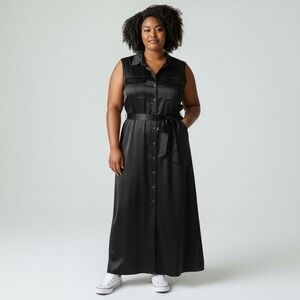 Rachel Zoe Black Satin Sleeveless Button Down Shirt Maxi Dress Plus Size 3X